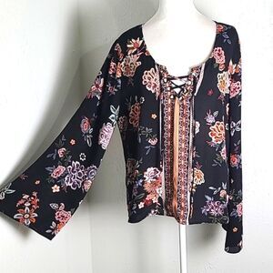 MM by My Michelle Black & Orange Floral Top, Lace-up Neckline, Bell Sleeves, XL